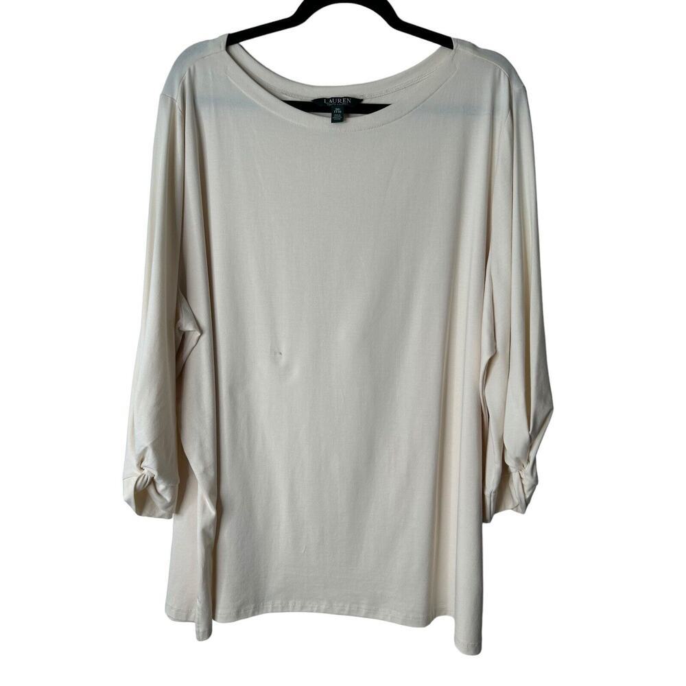 Lauren Ralph Lauren Shirt Womens 3X Beige Cotton Long Sleeve Round Neck Slit